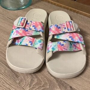 Chaco Chillos Sports Sandals Slides Gray with Pink Purple Tie Die